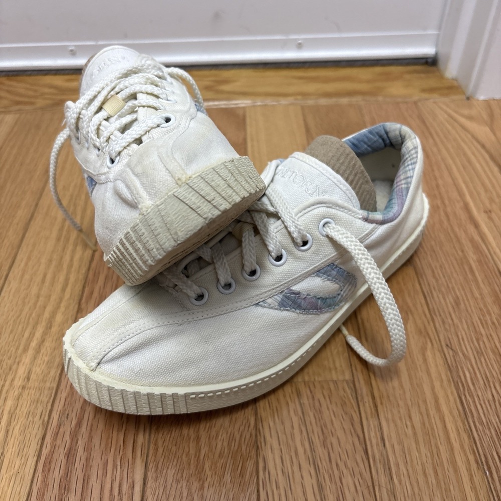 Tretorn Nylite Canvas Sneakers Womens 9B Off White Plaid Gullwing Made in USA